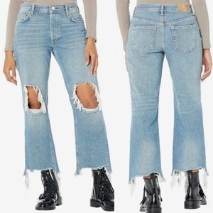 NWT We The Free People "Maggie" Mid Rise Straight Distressed Blue Jeans, Size 25